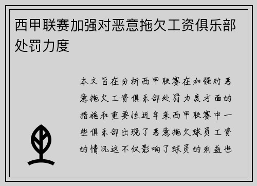 西甲联赛加强对恶意拖欠工资俱乐部处罚力度 西甲联赛加强对恶意拖欠工资俱乐部处罚力度
