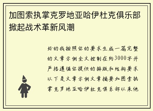 加图索执掌克罗地亚哈伊杜克俱乐部掀起战术革新风潮 加图索执掌克罗地亚哈伊杜克俱乐部掀起战术革新风潮